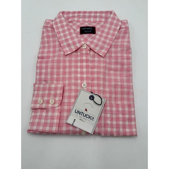 UNTUCKIT Calina Gingham Button Up Long Sleeve Shirt Cotton Pink White Size 4 - Picture 7 of 8